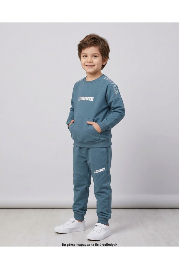 Boy's Seasonal Compact Cotton 2 Thread 6-7-8-9-10 Years Old Top and Bottom Tracksuit Set