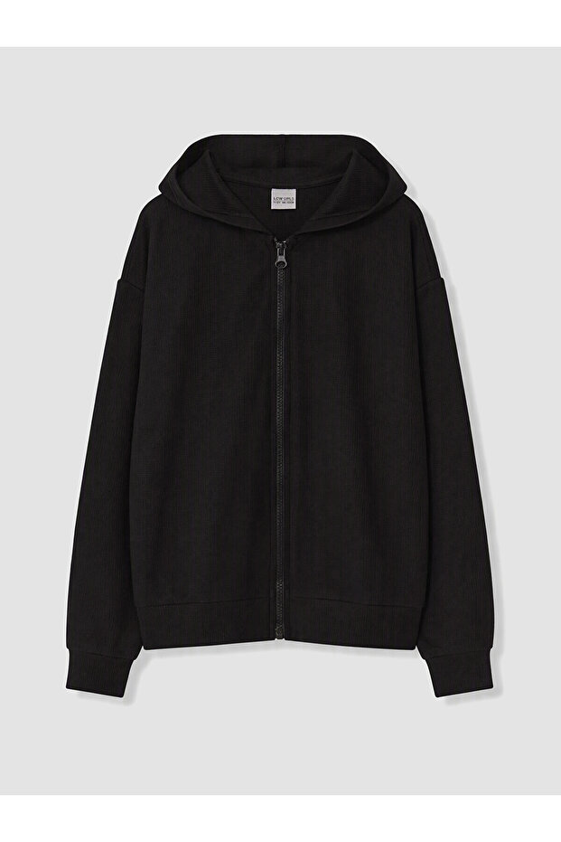 Two Mt Shop Quality Lcw Kids Black Interlock Plain Loose & Baggy Girls' Zip-Up Sweatshirt
