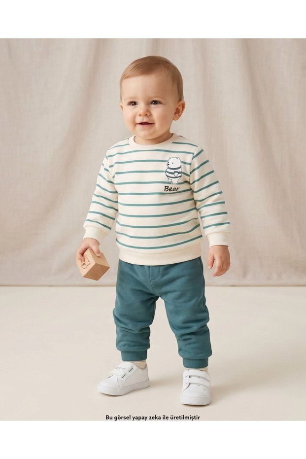 Boys' Striped 1-2-3-4 Years Old Winter 3 Threaded Ribbed 2-Piece Top and Bottom Tracksuit Set