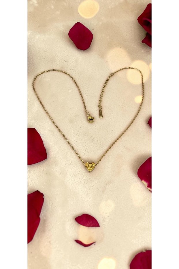 Gold Color -Z- Letter Heart Detailed Minimal Thin Chain Steel Necklace -Tarnish Resistant-45Cm