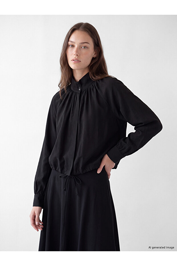 Alita City Lcw Modest Black Poplin Plain Judge Collar Long Sleeve Women's Blouse with a Difference