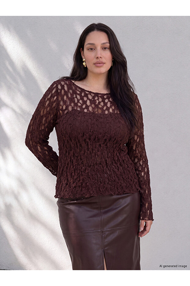Two Mt Shop Quality Lcw Curve Mulberry Lace Patterned Oval Neck Long Sleeve Women's Blouse
