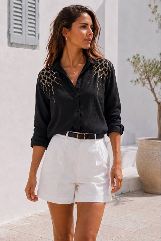 Women's Long Sleeve Stoned Linen Shirt