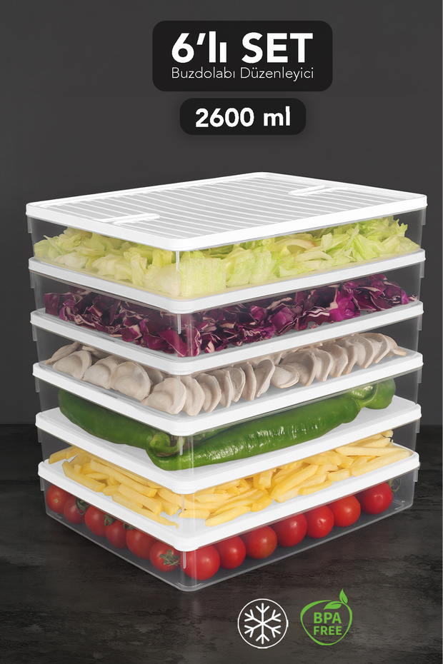 6-Piece 2600ml Refrigerator Organizer - Microwave Safe Leak-Proof Lid Kitchen Organizer White
