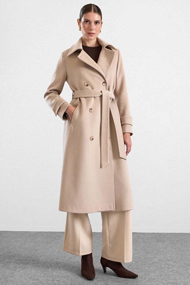 Punto Stitch Detailed Double Breasted Long Premium Fabric Coat Beige 3187