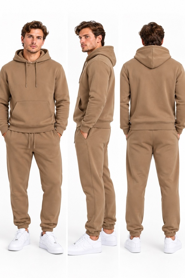 Men's 3 Thread Track Suit Set with Hooded Elasticized Cuffs (Soft Puff Fabric) Smoked Gray Brown Black Stone
