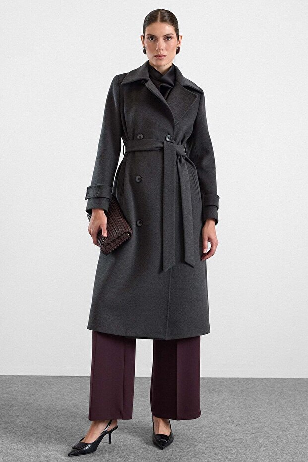 Punto Stitch Detailed Double Breasted Long Premium Fabric Coat Anthracite 3187