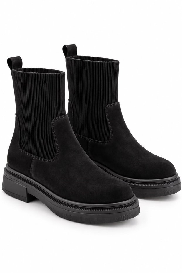Women's Stretch Fabric Detailed Suede Boots Black