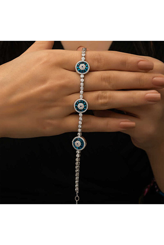  Silver Glass Eye Triple Waterway Evil Eye Bracelet