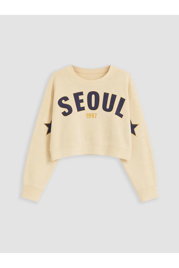 Beige Printed Girls' Thick Sweatshirt