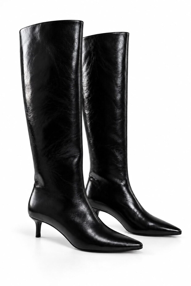 Women's Thin Heeled Pointed Toe Leather Boots Black