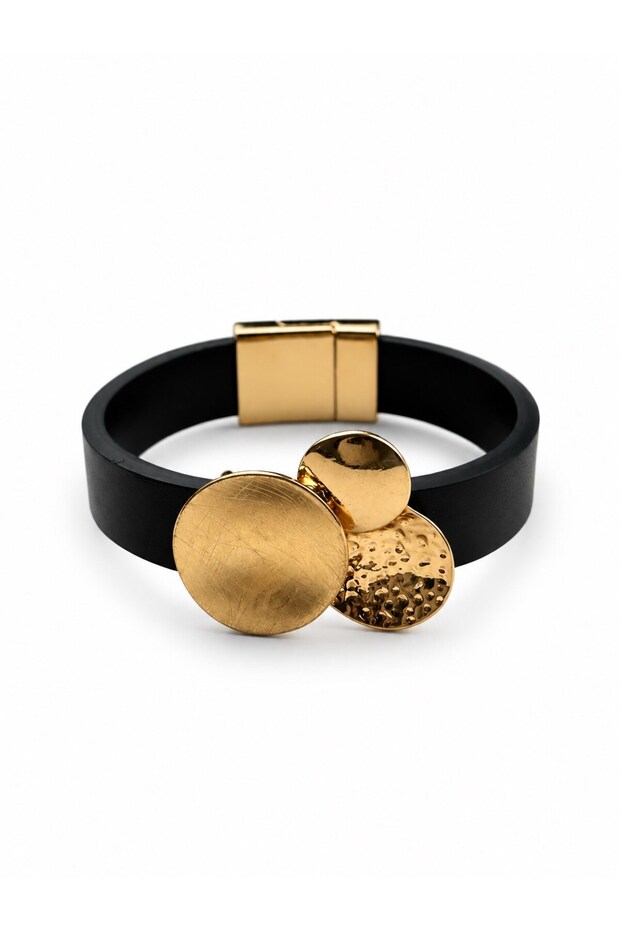 Textured Disc Design Leather Gold Magnet Bracelet