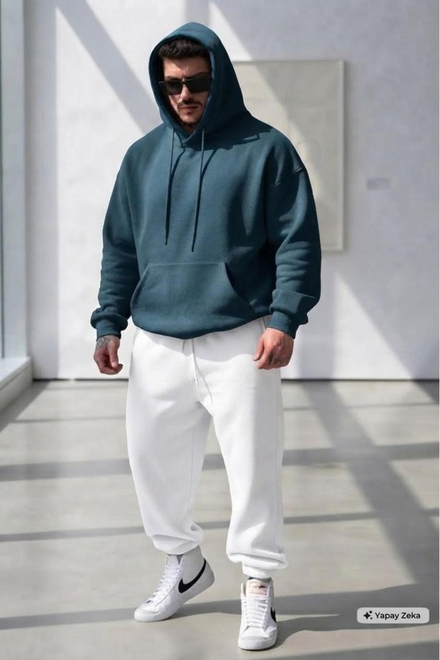 Men's Petrol Blue Combed Cotton Hooded Sweat White Tracksuit Bottom Set