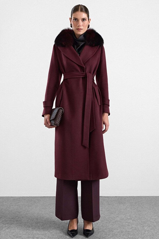 Premium Fabric Coat with Knit Stitching Detail and Detachable Fur Mürdüm 3196-Tk