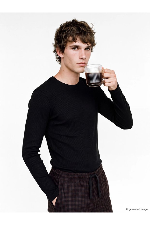 Black Crew Neck Men's Thermal Pajama Top