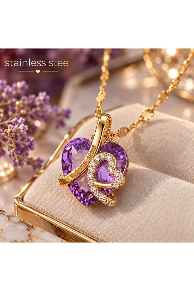 Shiny Heart Model Steel Necklace with Gold Color Chain