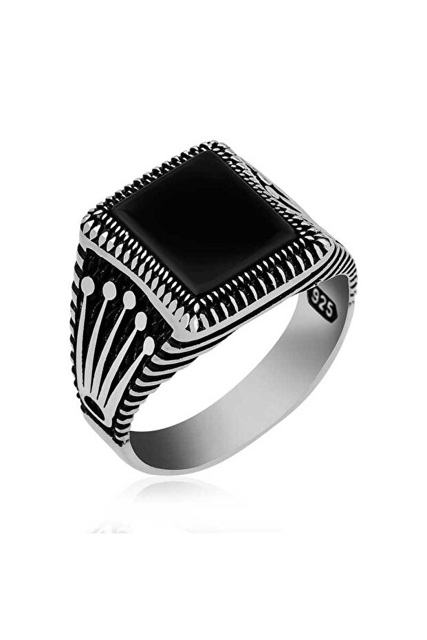 Silver Onyx Stone Crown Patterned Men's Ring