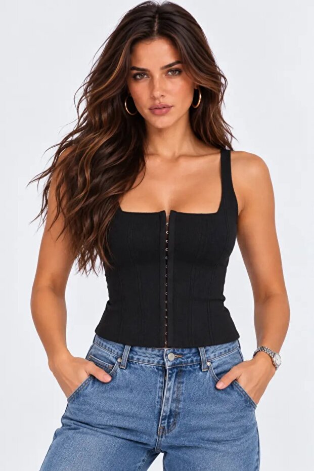 Square Collar Agrafla Ribbed Knitwear Corset Blouse