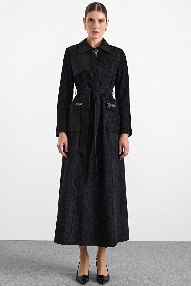 Stone Decorated Soft Touch Overcoat Black 6915
