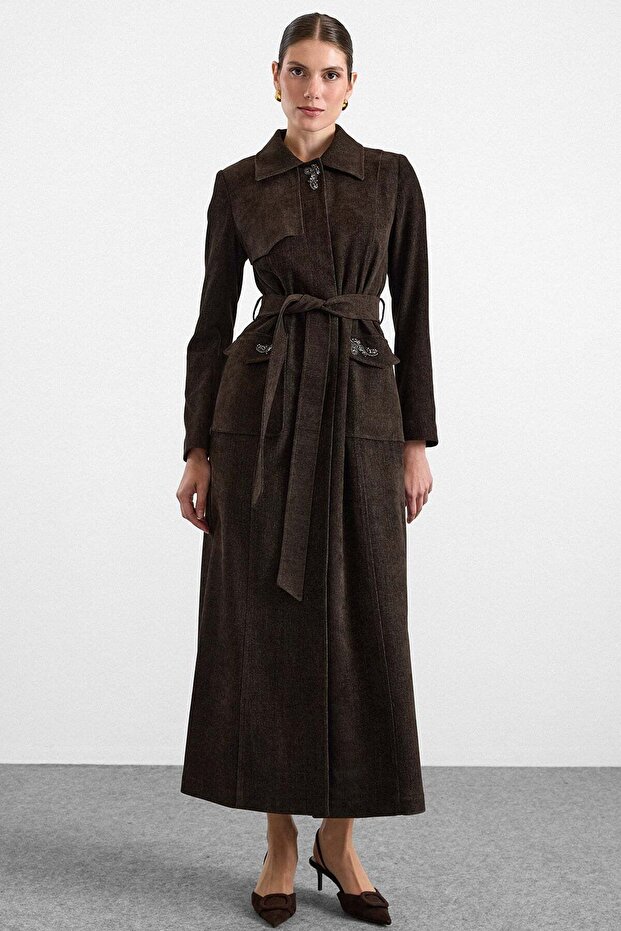 Stone Decorated Soft Touch Overcoat Brown 6915