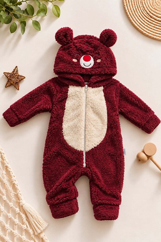 Baby girl romper teddy bear hooded plush zippered welsoft one-piece jumpsuit 0-3-6-9-12 months