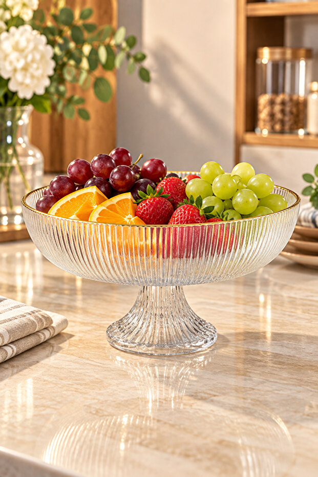 Footed Glass Fruit Bowl 24 cm Gold Gilded Striped Decorative Presentation Bowl