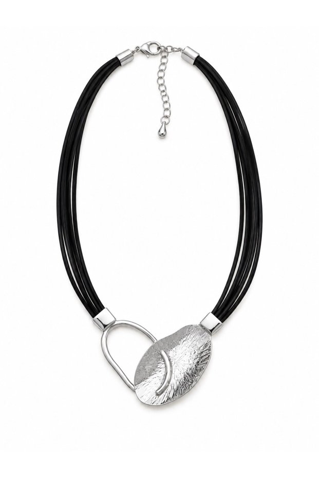Oval Asymmetrical Matte Silver Leather Rope Necklace