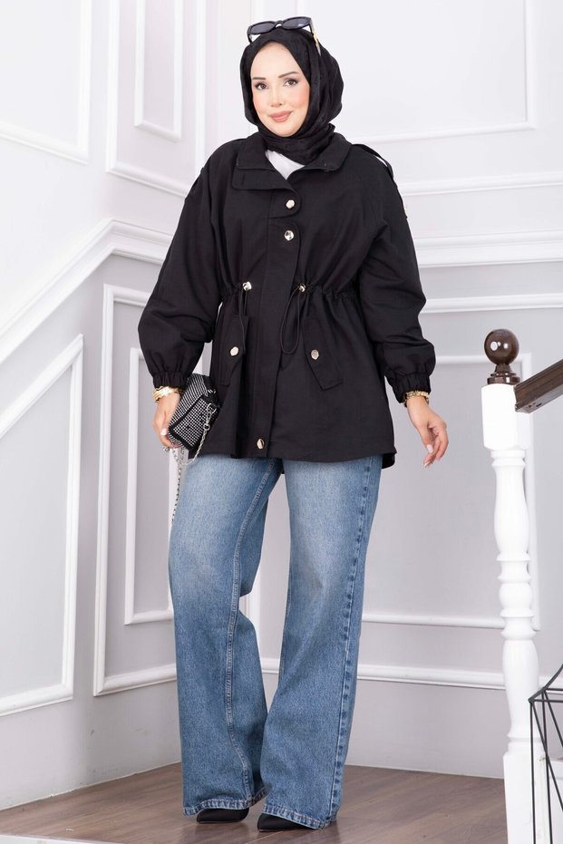 Zippered Adjustable Waist Short Trench Coat Black
