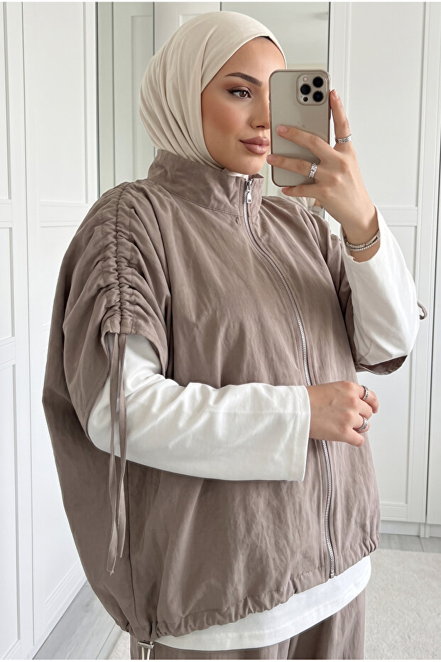 Women's Nubuck Textured Zippered Vest Tunic Balloon Pants Triple Set