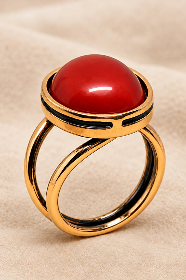 Women's Copper Ring Round Coral Natural Stone Adjustable Bohemian Copper Ring
