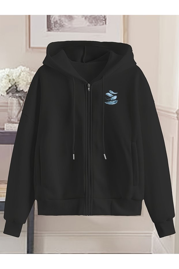 Unisex Black Minimal Feather Printed Zippered Sweatshirt Printed Premium Oversize T-Shirt