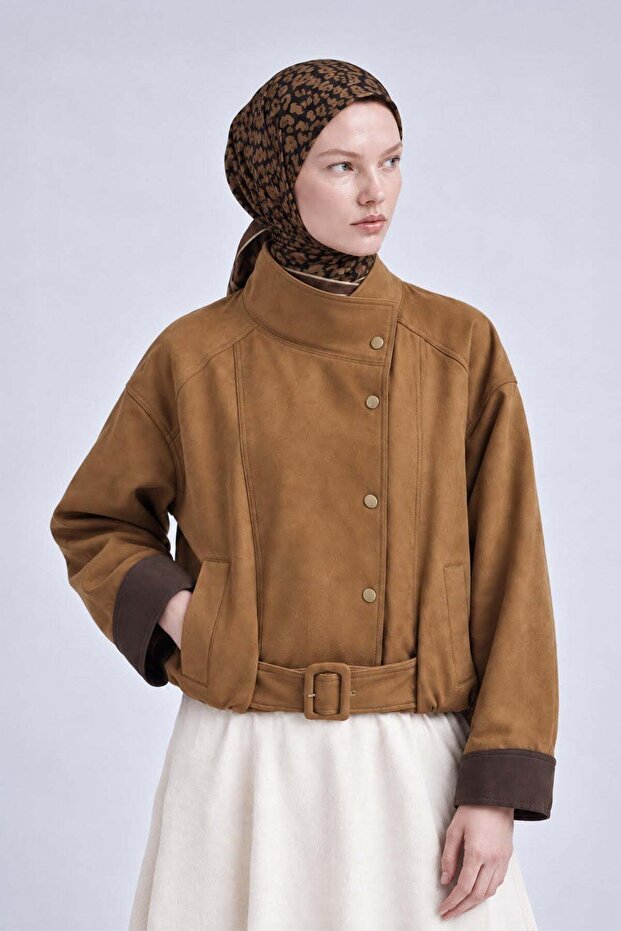 Belted stand collar suede jacket camel