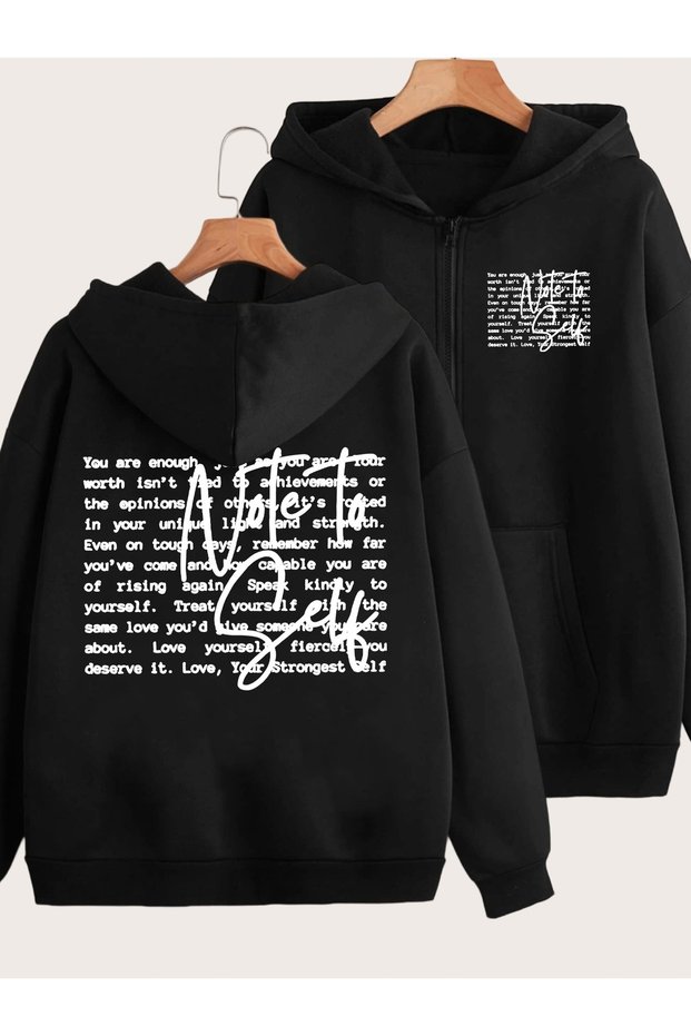 Unisex Black Note to Self Back and Front Printed Zippered Sweatshirt Printed Premium Oversize T-Shirt