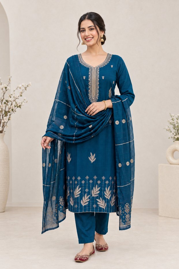 Women's Roman Fabric Embroidered Kurta with Pant and Jacquard Dupatta Set