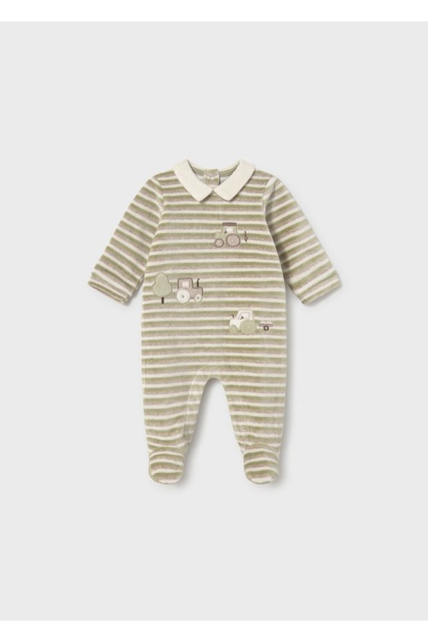 Baby Boy Green Striped Velvet Jumpsuit