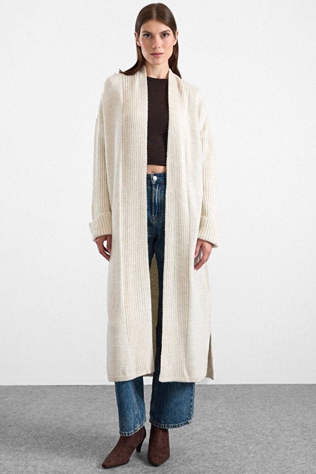 Loose Fit Ribbed Knitwear Long Cardigan Ecru 8298