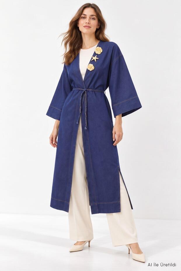 Sea Shell Detailed Long Denim Kimono 3530 Dark Blue