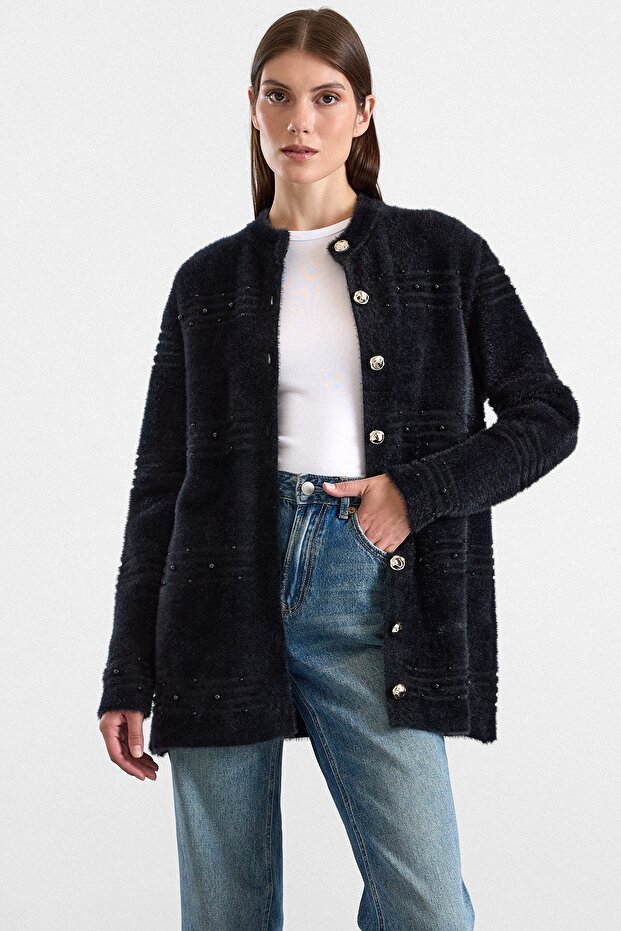 Pearl Detailed Soft Fabric Knitwear Cardigan Black 8296
