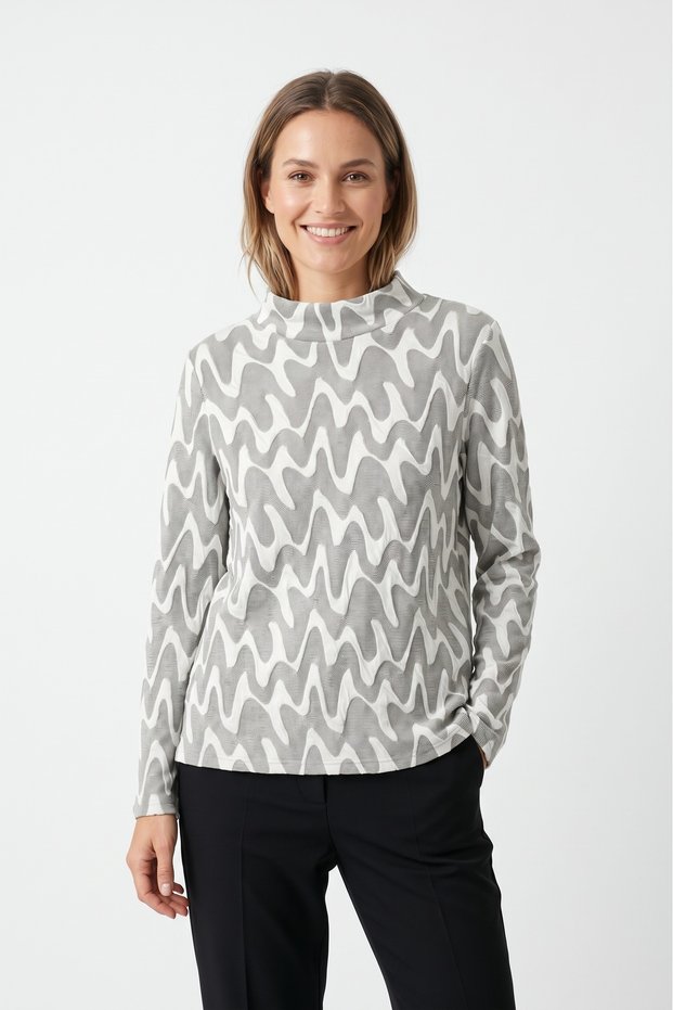 Women's Plus Size Lycra High Neck Textured Wave Pattern Long Sleeve Soft Pullover Sweatshirt