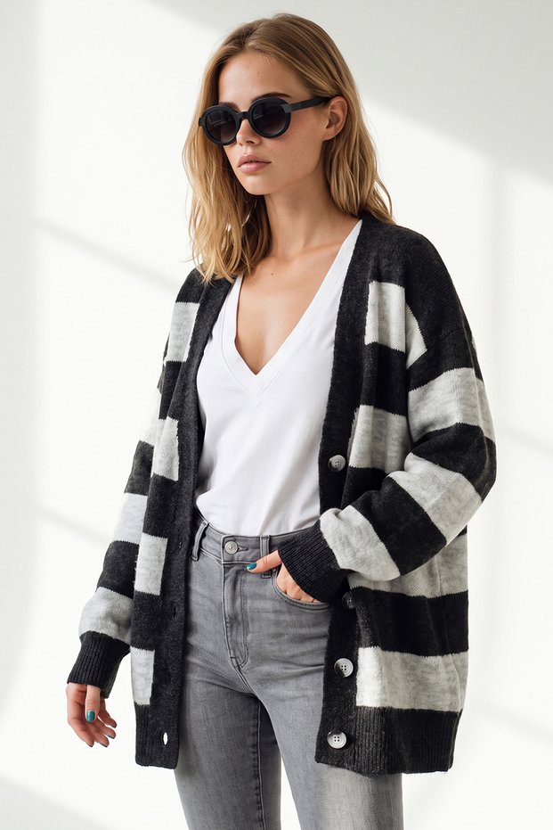 Women's Anthracite Gray Thick Striped Long Knitwear Cardigan Hrk-19000504