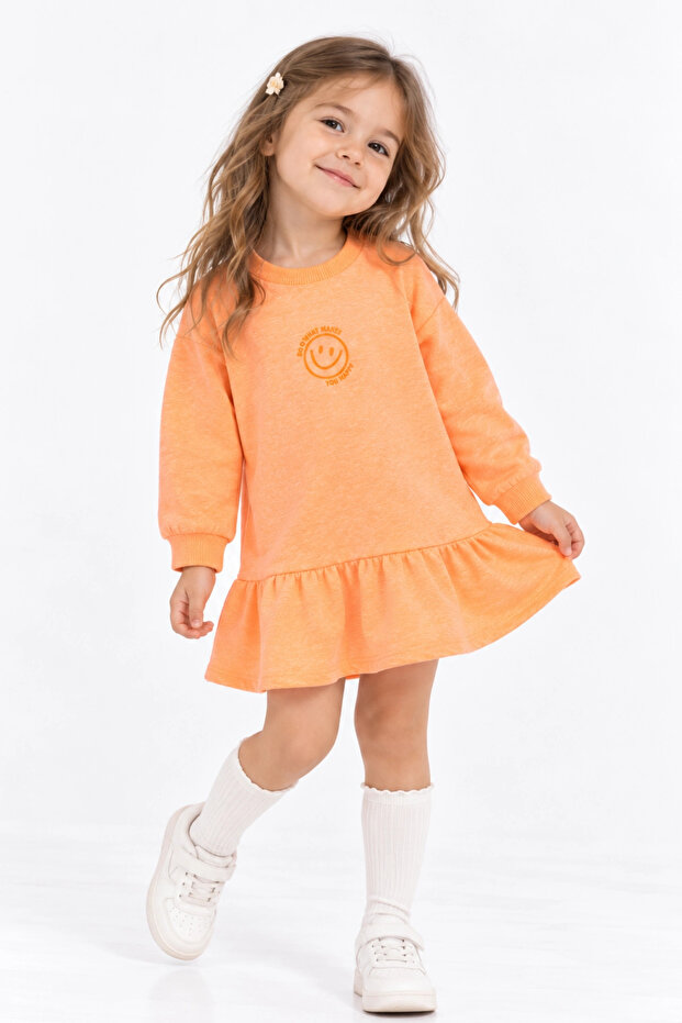 Girl's Orange Long Sleeve Dress Cotton - Smiley Face Patterned Skirt with Ruffles at the Hem