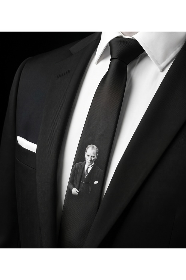 Black and White Men's Tie with Ataturk Portrait (7 cm) - Special Gift Boxed