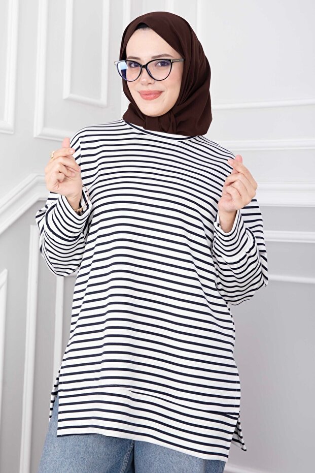 Slit Detailed Striped Tunic Navy Blue