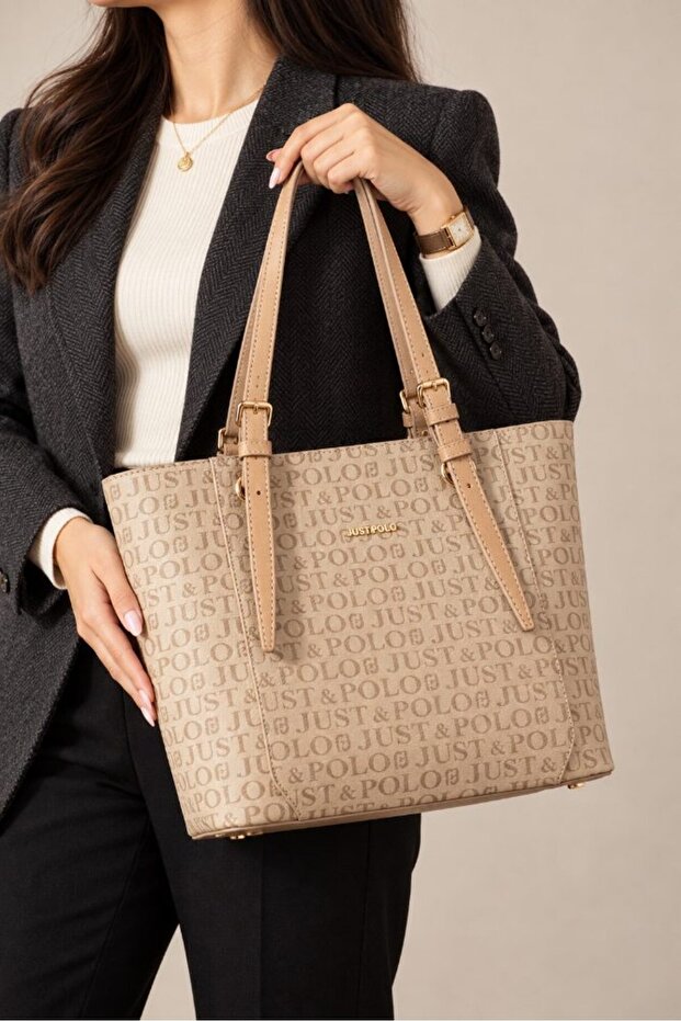 Women's Hand and Shoulder Bag with Logo, Zipper, Tote Buckle, Brown Stylish Mink