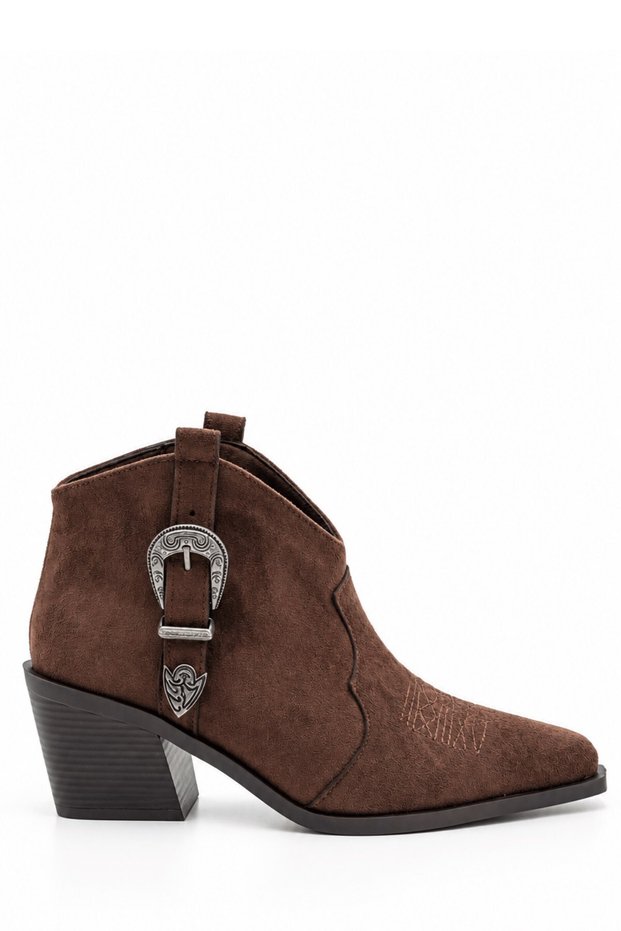 Phlox Women's Suede Brown Cowboy Boots with Metal Buckles and Embroidery, Thick Heel, 6.5 cm Heel (true to size)
