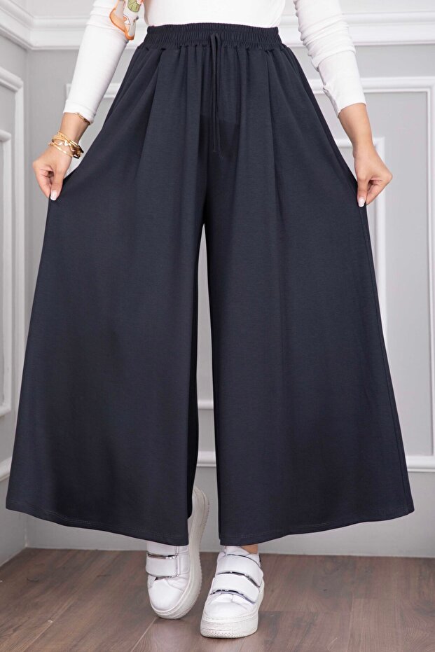 Pocketed Elastic Waist Skirt Trousers Smoked