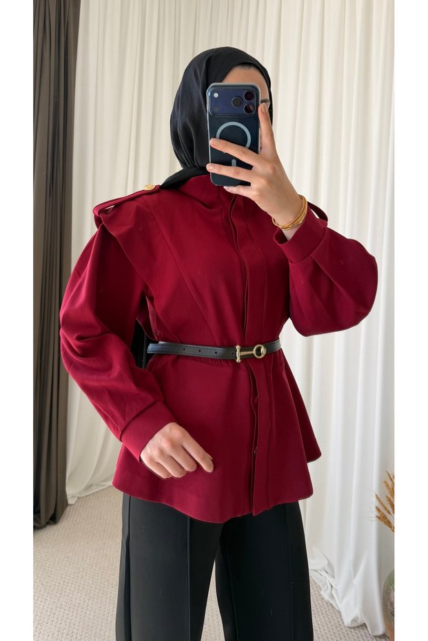 Belted Shoulder Epaulet Jacket - 1824 - Burgundy