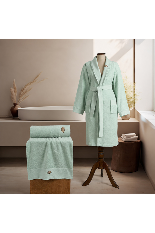 Lunara 100% Cotton Bathrobe Set of 3 Mint M-L
