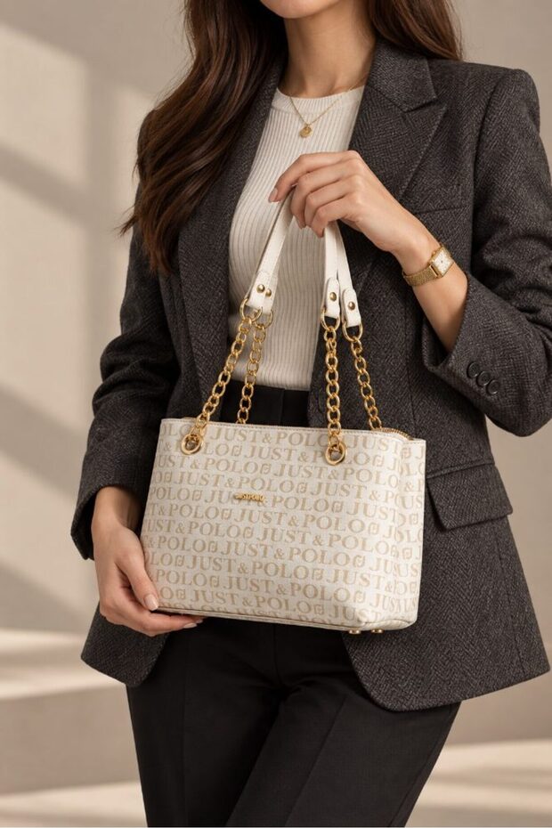 Women's Hand and Shoulder Bag with Chain Strap, Logo, Zipper, Stylish Cream Tote Bag