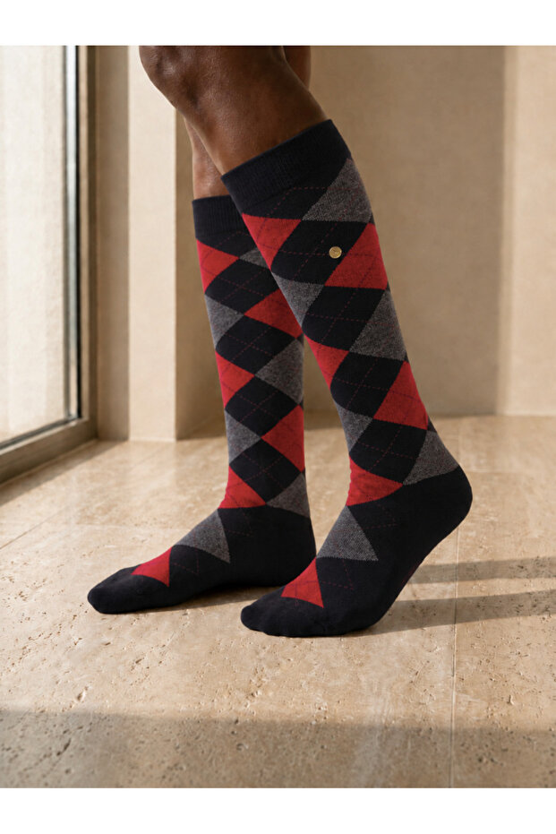 Women's Plaid Patterned Studded Knee Socks Red